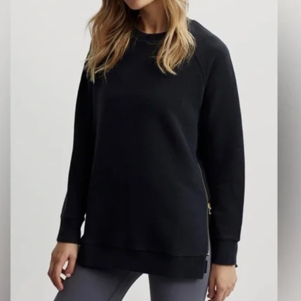 Varley Manning Black Ribbed Crewneck Pullover Sweatshirt Size S Side Zip Relaxed